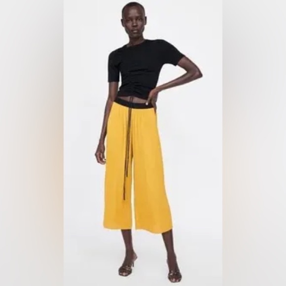 ZARA WIDE LEG CROP PANTS IN MUSTARD YELLOW - Picture 1 of 7